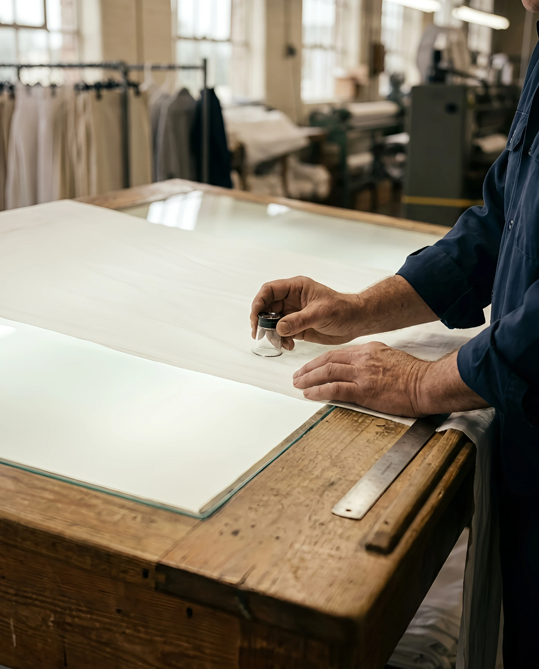 A length of cotton sheeting drawn across a backlit inspection table, examined through a loupe.