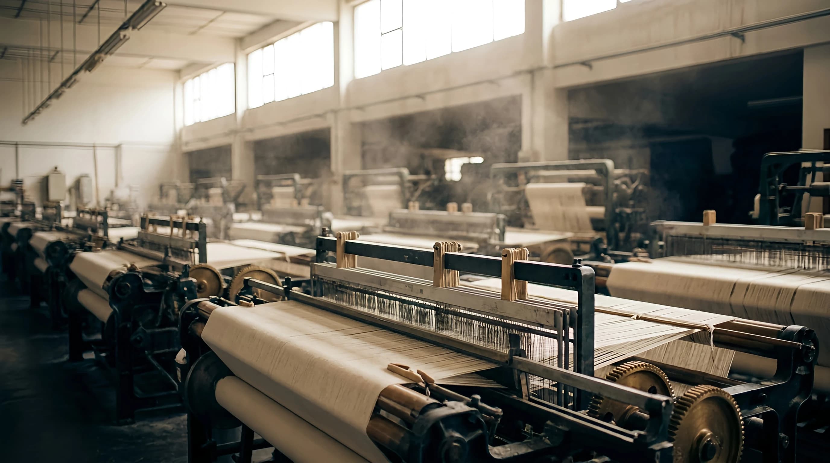 Rows of looms in a weaving shed running undyed cotton warp threads, lit by daylight from high windows.